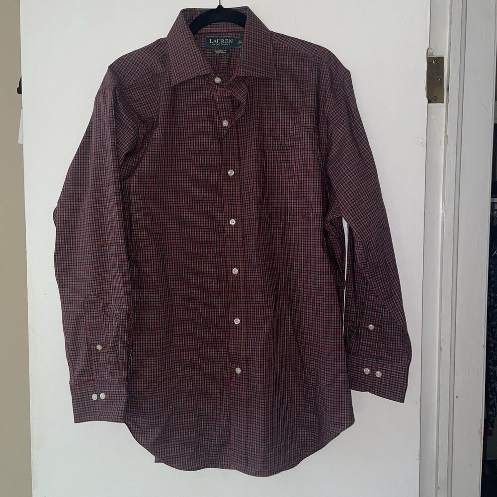 Lauren Ralph‎ Lauren Men's Shirt Size 16.5 Red Green Plaid Button Up Long Sleeve